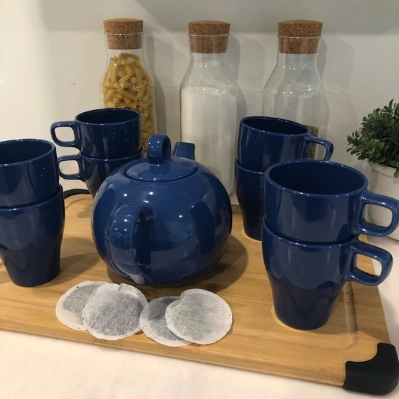 IKEA (8) set Fargrik Blue Coffee Tea Mugs and Teapot  Stackable 8oz - Picture 7 of 9